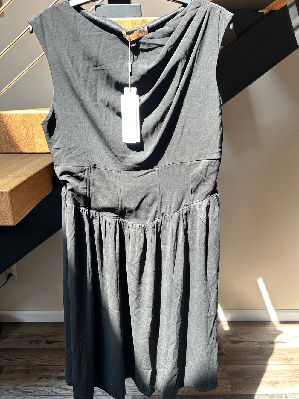 Elegant Black Midi Dress with Draped Neckline